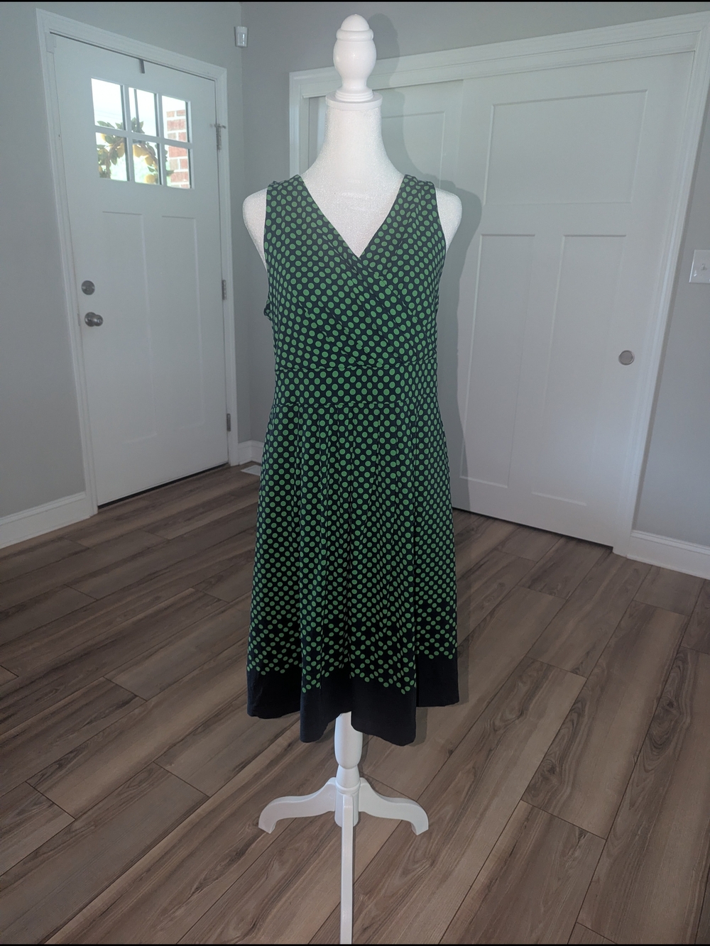 Lands' End Green Polka Dot V-Neck Midi Dress with Navy Hem